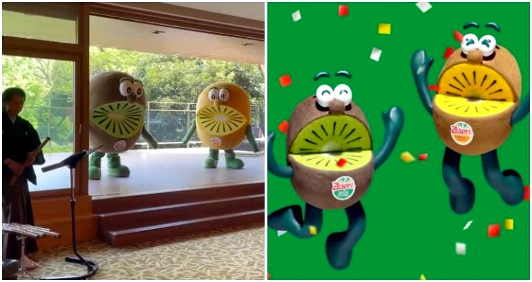 New Zealand prime minister welcomed to Japan by giant kiwifruits dancing to sad music