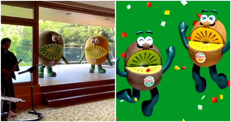 New Zealand prime minister welcomed to Japan by giant kiwifruits dancing to sad music