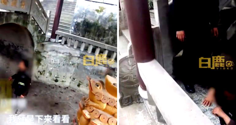 Chinese monks call police to rescue man trapped inside wishing pool while trying to take coins