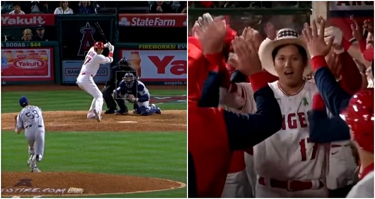 Los Angeles Angels’ Shohei Ohtani hits his first career grand slam
