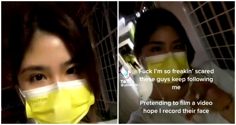 Frightened Malaysian woman films TikTok video to capture the faces of the men following her