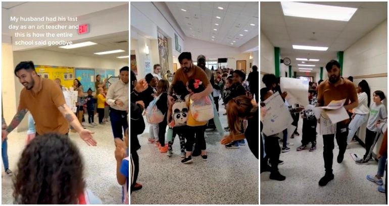 Elementary school students shower art teacher with goodbye hugs, drawings on his last day in viral TikTok