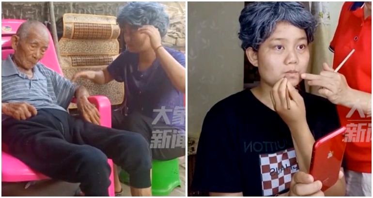 Chinese woman dresses up as an elderly person so her grandfather, 96, will recognize her in the afterlife