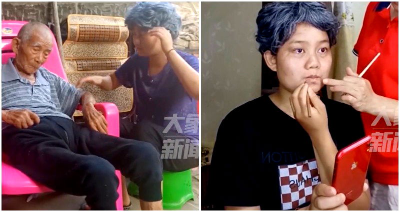 Chinese woman dresses up as an elderly person so her grandfather, 96, will recognize her in the afterlife