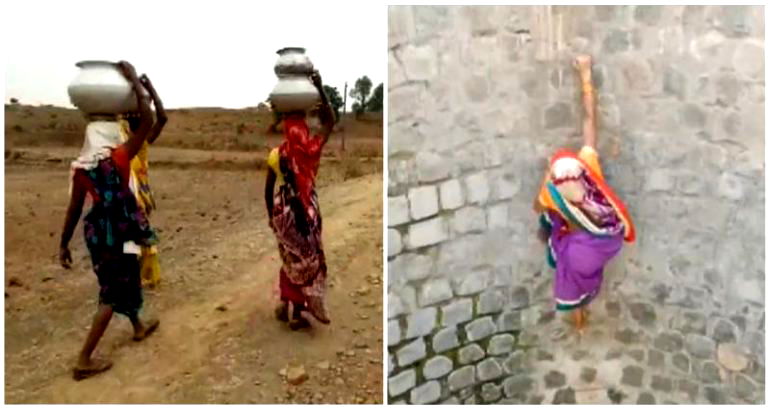 Indian women risk their lives by scaling well walls without rope to fetch water in viral video