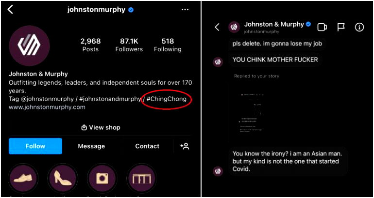 Johnston & Murphy stirs Instagram firestorm over anti-Asian DMs, ‘#ChingChong’ in bio