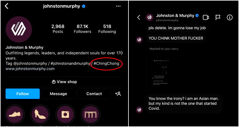 Johnston & Murphy stirs Instagram firestorm over anti-Asian DMs, ‘#ChingChong’ in bio