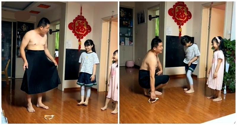 Chinese dad goes viral for wearing a skirt to teach his daughters how to avoid wardrobe malfunctions