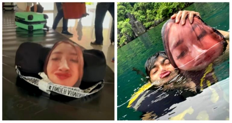 Filipino man goes on epic vacation accompanied by pillow of wife’s face after she couldn’t join