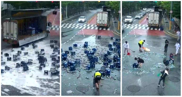 Strangers gather one by one to help clean 2,000 bottles of beer spilled on S Korean road in viral video