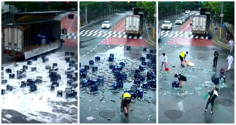 Strangers gather one by one to help clean 2,000 bottles of beer spilled on S Korean road in viral video