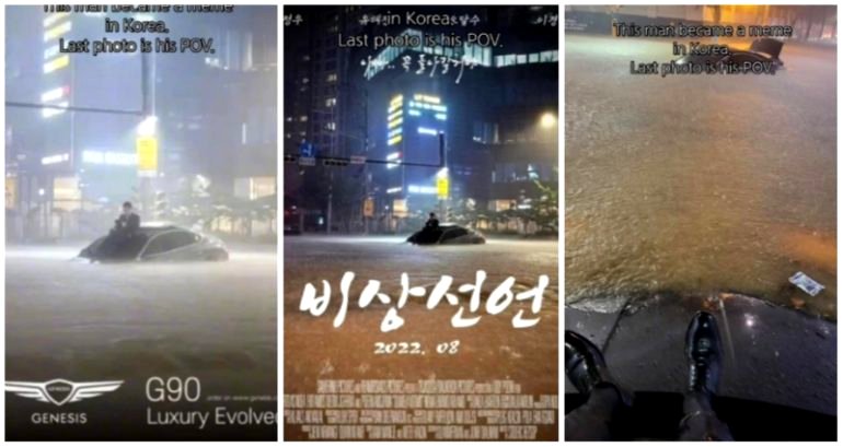 Man stuck on top of car during Seoul flooding becomes meme in South Korea