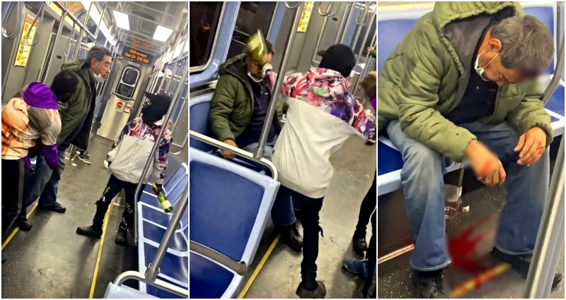 Elderly Asian man left bleeding profusely after robbers smash his skull with his own wine bottle on Chicago train
