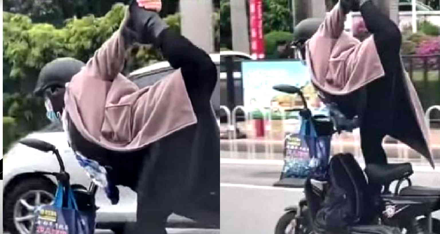 Chinese woman filmed flexing on other drivers with yoga poses while riding motorcycle