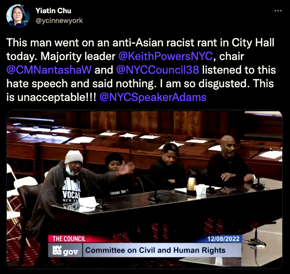 Yiatin Chu's tweet about the anti-Asian rant in New York City's City Hall