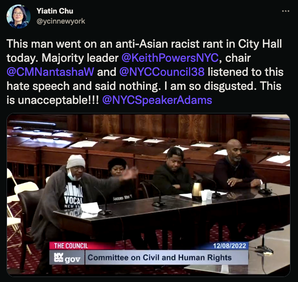 Yiatin Chu's tweet about the anti-Asian rant in New York City's City Hall