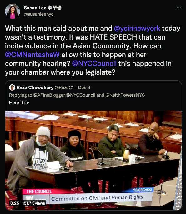 Susan Lee's tweet about the anti-Asian rant in New York City's City Hall
