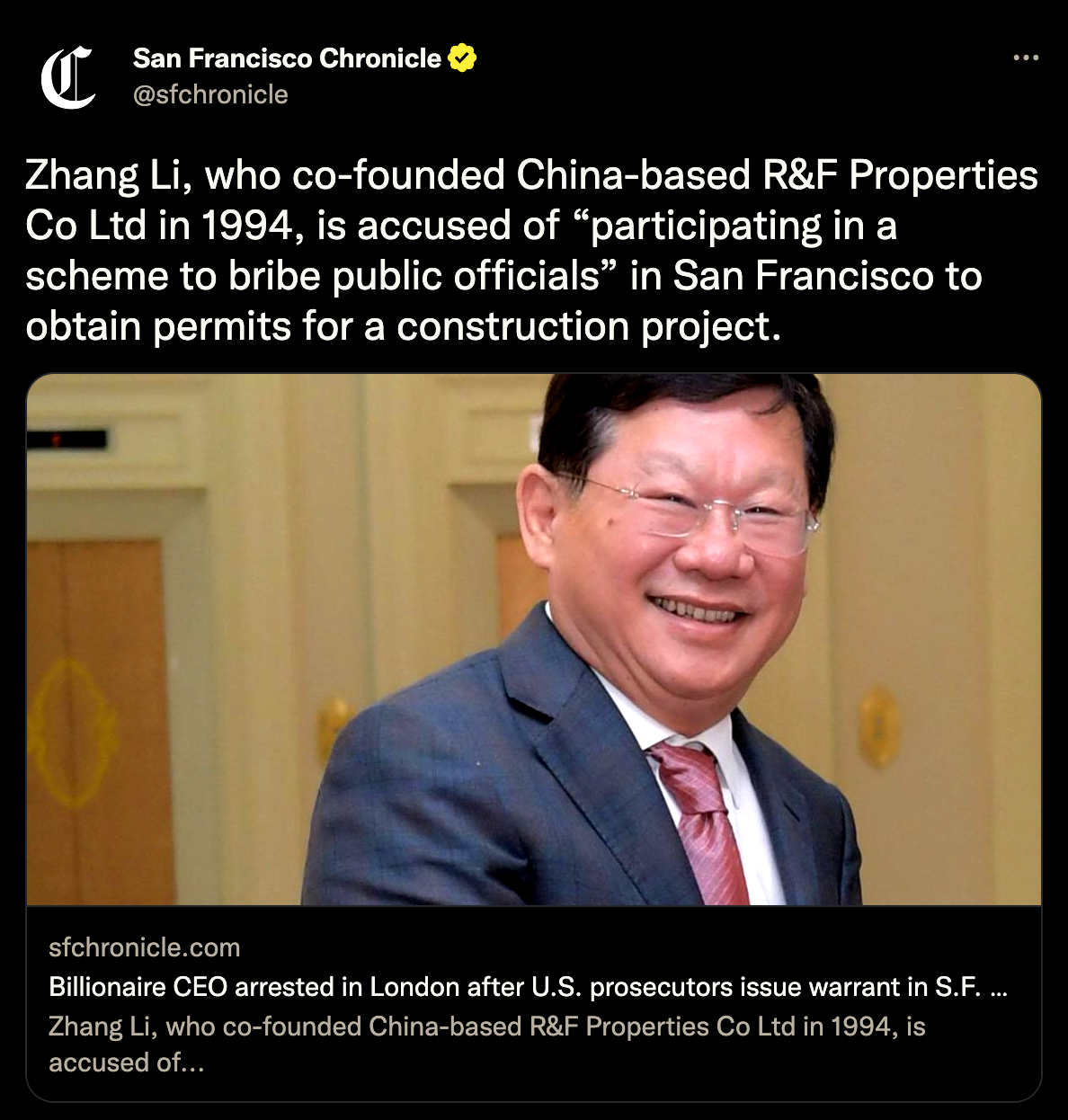 Tweet by the San Francisco Chronicle about Zhang Li