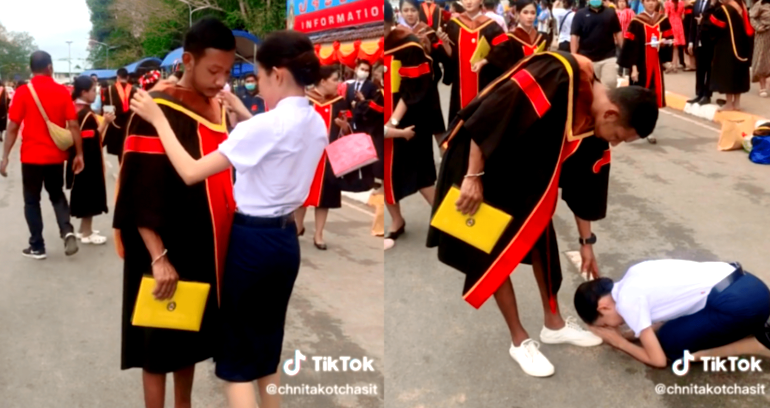 Thai sister bows down to brother who withdrew from school for her to graduate