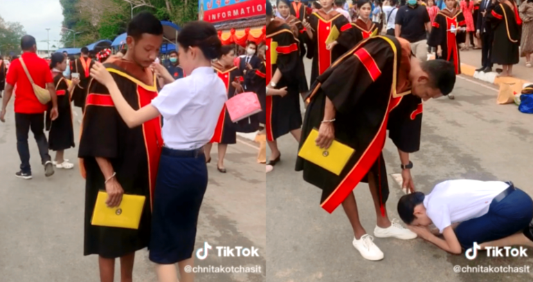 Thai sister bows down to brother who withdrew from school for her to graduate