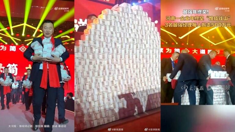 Chinese company has staff collect $9 million in bonuses from 6.5-foot-tall mountain of cash