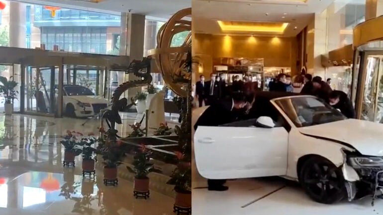 Video: Angry guest rams car through hotel lobby in China