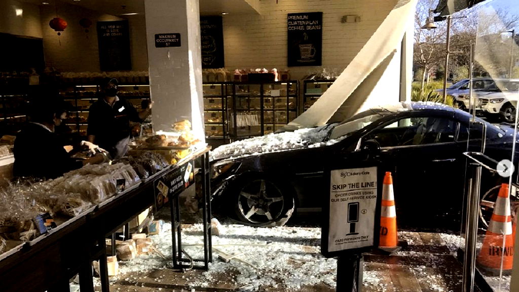 Woman drives car into 85 Degrees Bakery Café in Irvine, California