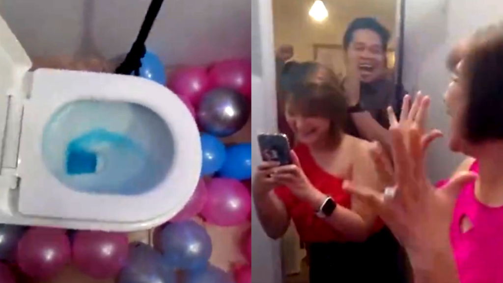 Filipino couple shares video of their budget-friendly gender reveal in a toilet