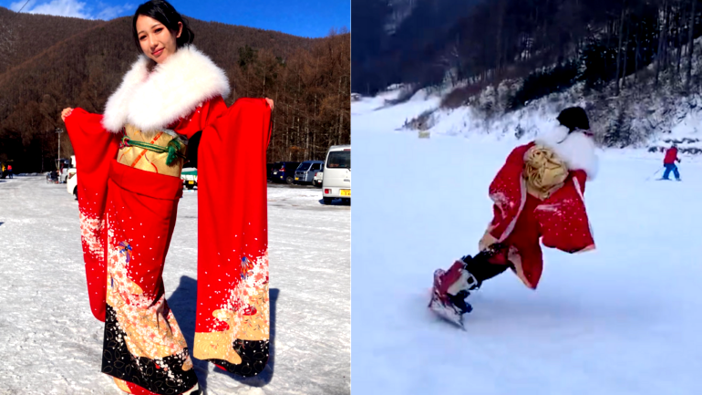 Video of Japanese woman snowboarding in red kimono goes viral