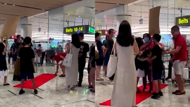 Video: Family gives grandmother red-carpet treatment at Singapore airport reunion