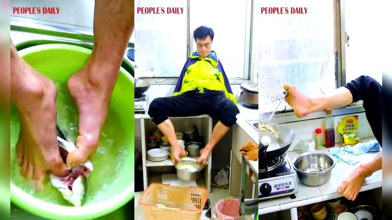 Armless man in China earns praise for using feet to care for newborn and wife