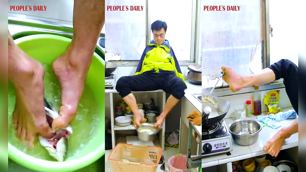 Armless man in China earns praise for using feet to care for newborn and wife