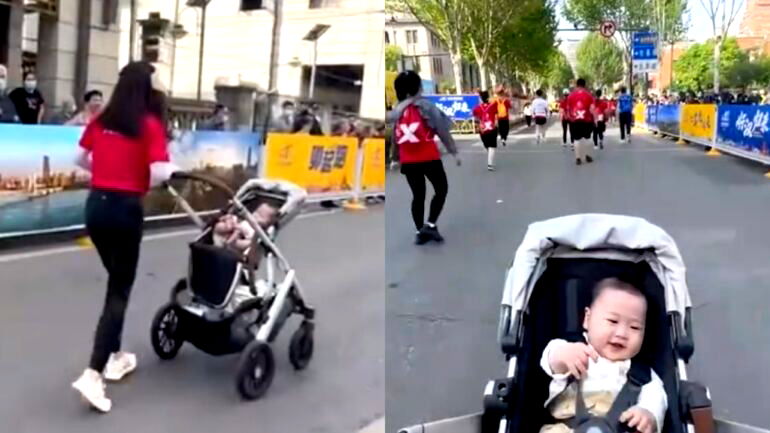 Woman who completed 8-mile race while pushing baby in stroller inspires netizens