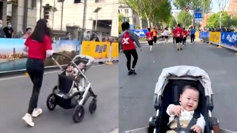 Woman who completed 8-mile race while pushing baby in stroller inspires netizens