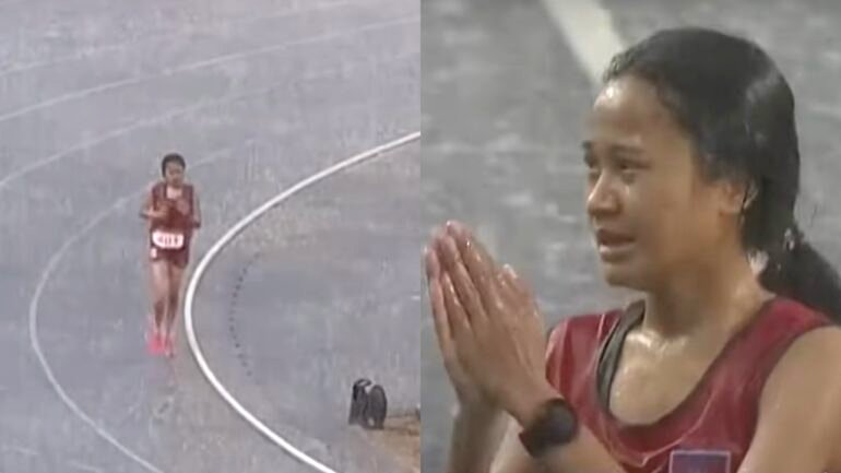 Watch: Cambodian runner does not give up despite heavy rain, last-place position at SEA Games