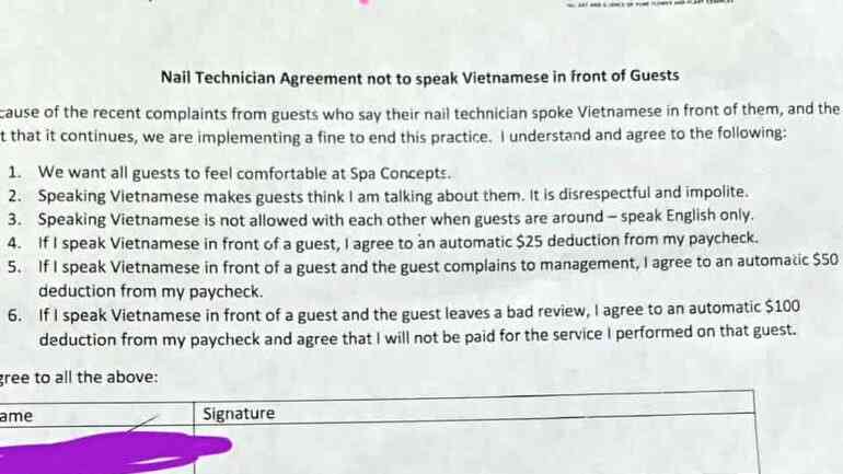 Nail spa bans staff from speaking Vietnamese in front of customers, docks up to $100 from pay