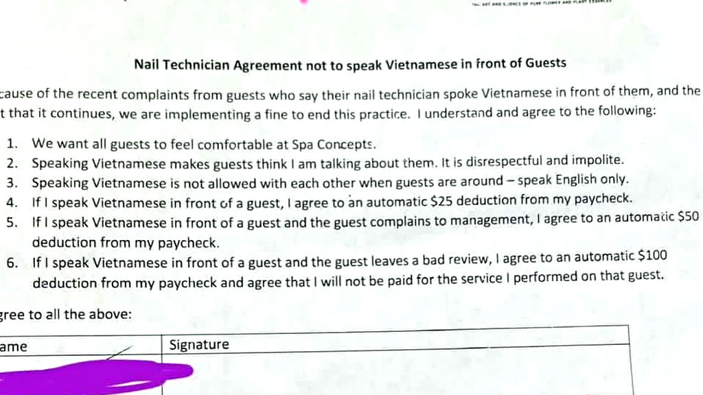 Nail spa bans staff from speaking Vietnamese in front of customers, docks up to $100 from pay