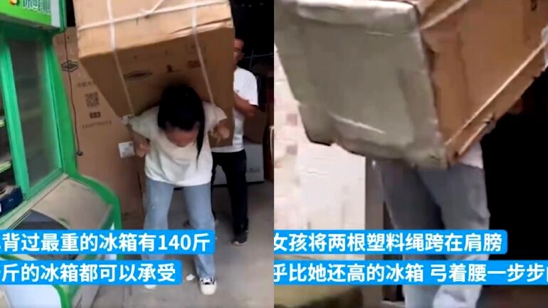 Young Chinese woman delivers fridges on her back to customers to help disabled father