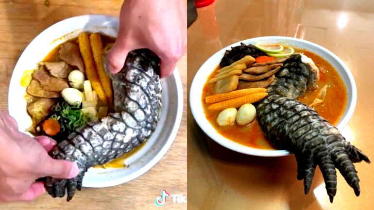 Taiwanese noodle shop serves ramen with a whole crocodile leg