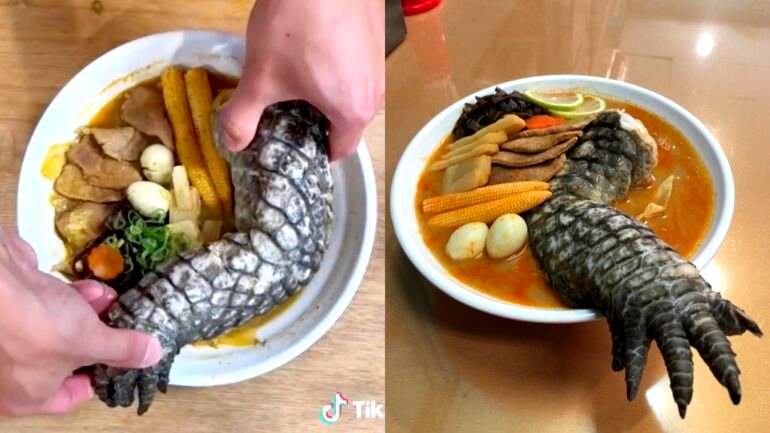 Taiwanese noodle shop serves ramen with a whole crocodile leg