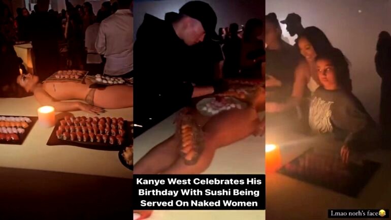 Kanye West serves sushi on nude woman at 46th birthday party