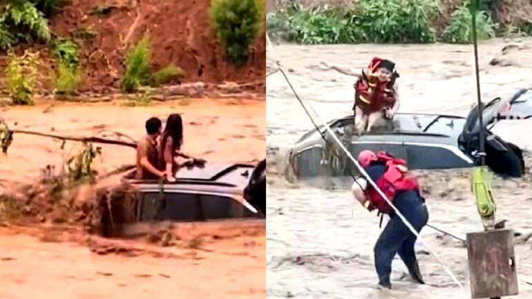 Video: Man tells rescuers to save his girlfriend 1st after flood sweeps their car to river