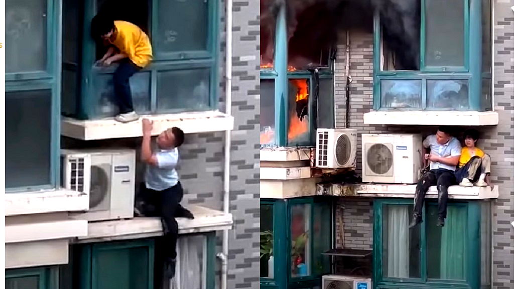 Watch: Chinese man risks life to save young neighbor from fire