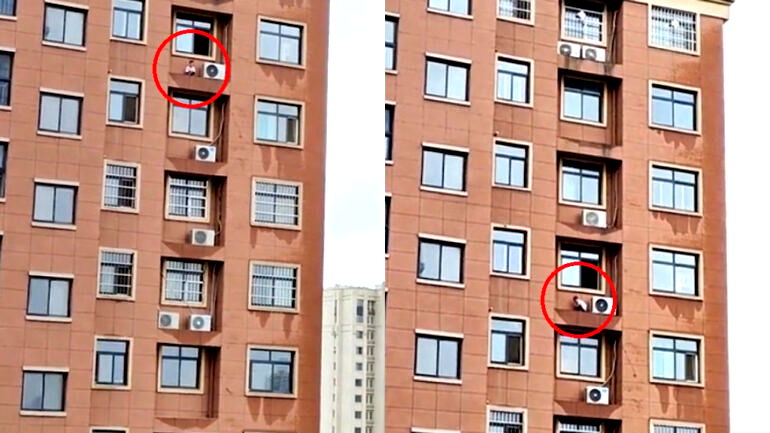 Child plays hide-and-seek on ledge of high-rise building in China in shocking video