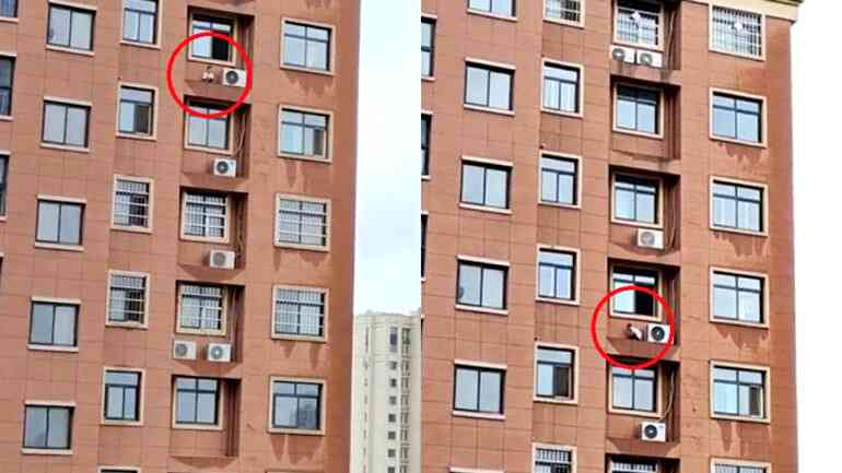 Child plays hide-and-seek on ledge of high-rise building in China in shocking video