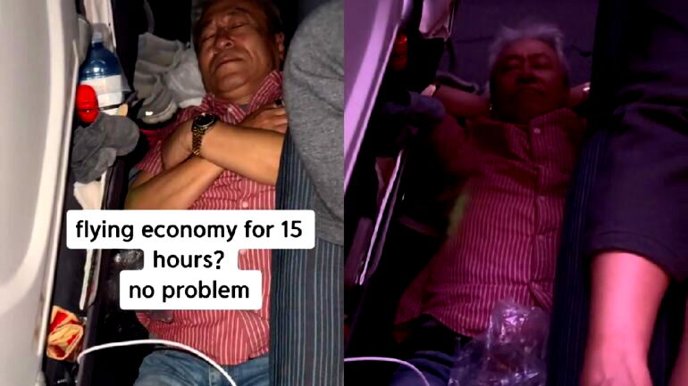 Watch: Carefree Asian dad sleeping on plane floor wins praise on TikTok