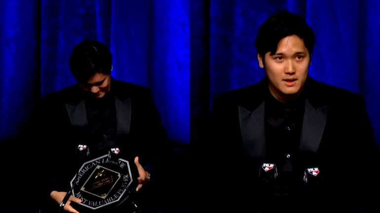 Shohei Ohtani thanks Angels, Dodgers in rare English speech for MVP award