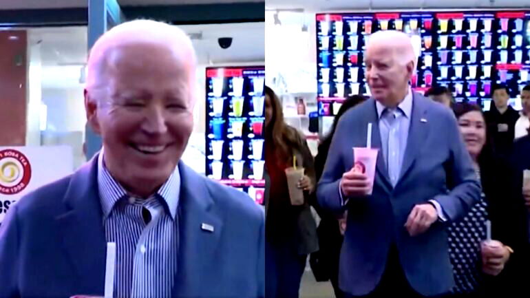 Joe Biden drinks boba tea at stop on 2024 presidential campaign