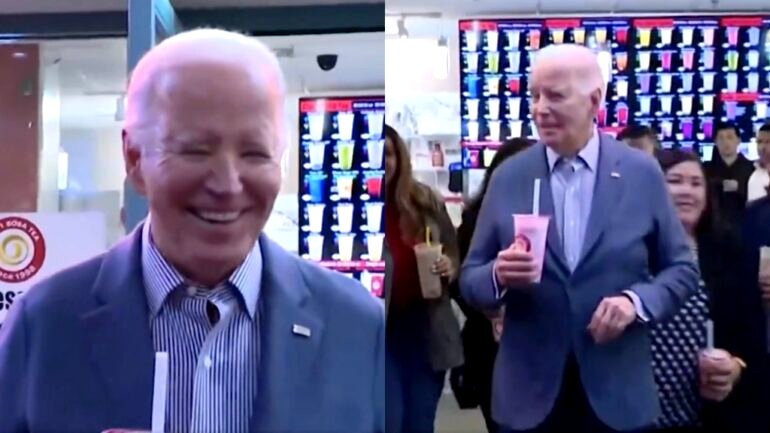 Joe Biden drinks boba tea at stop on 2024 presidential campaign