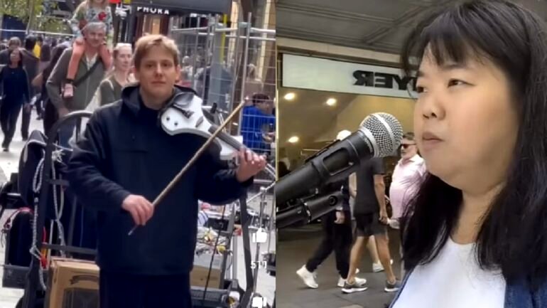 Video: Violinist bullies street singer to take over her spot in Sydney